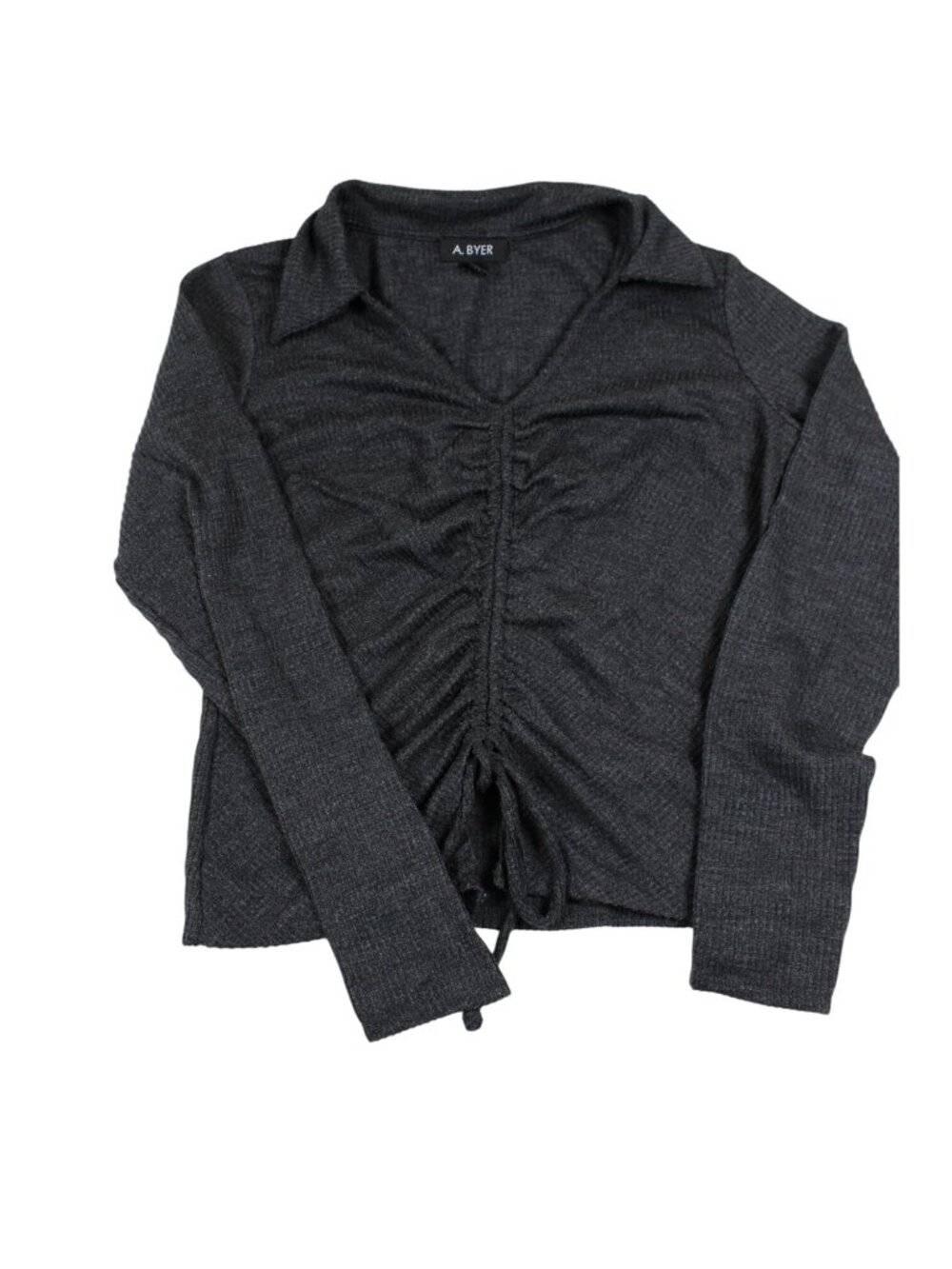 A. Byer Charcoal Gray Ruched Long Sleeve V-Neck Top Size S